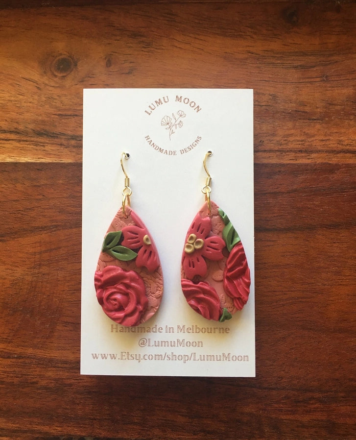 Must Love Flowers Dangle Earrings in Rose/Red by Lumu Moon