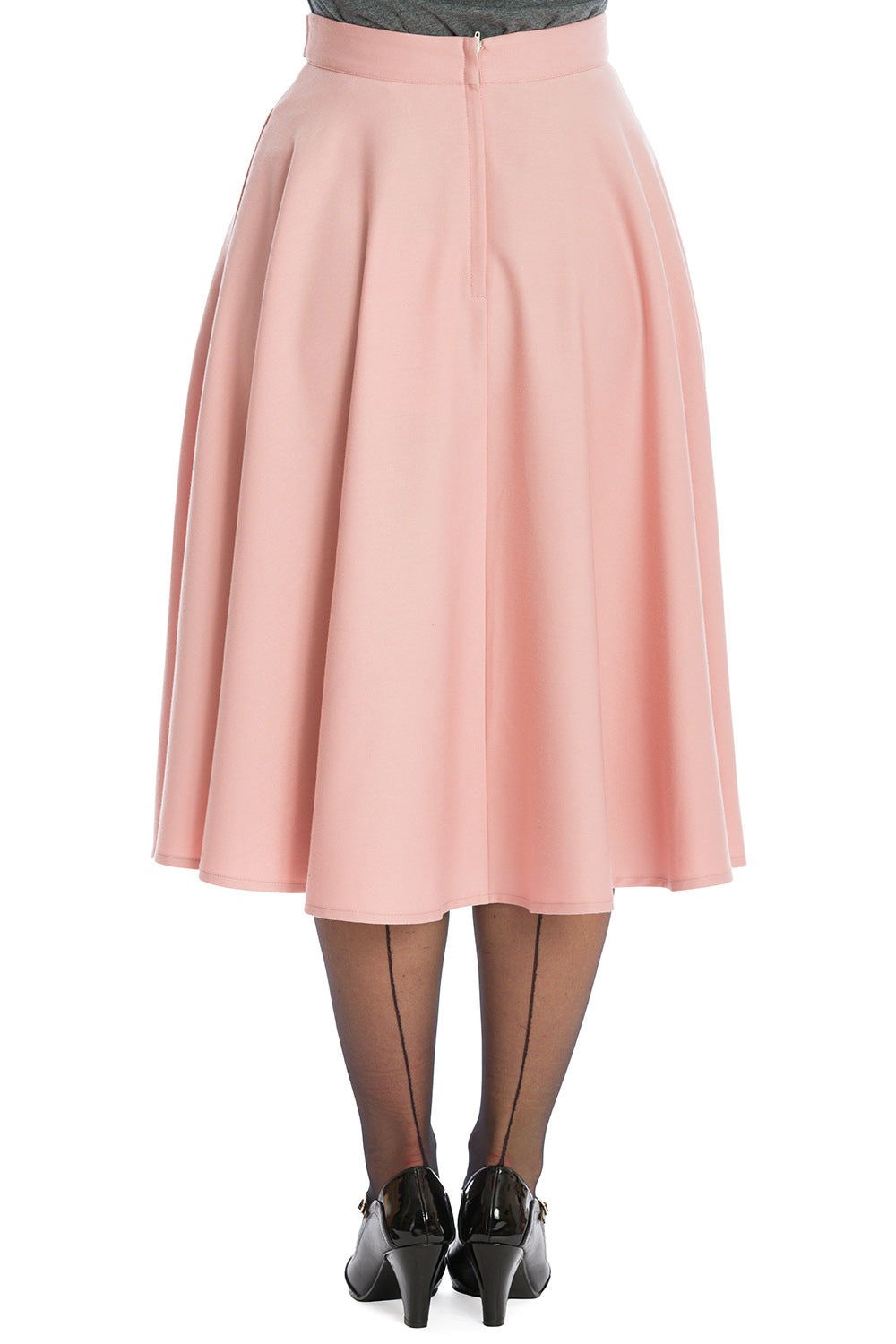 Pink mid length fit and flare skirt with a zip closure back