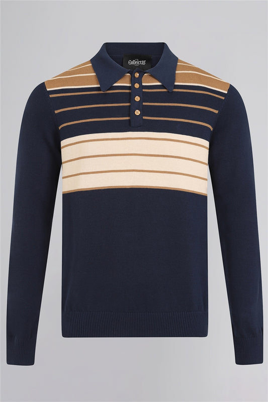 Mens polo long sleeved navy blue jumper with brown and white stripes from the chest to the shoulders.