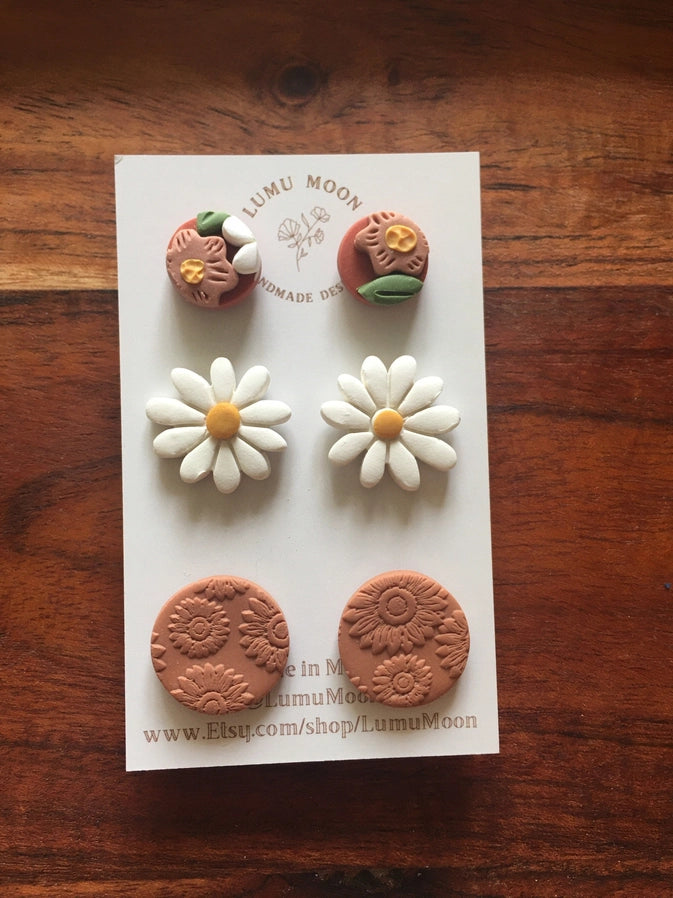 Earthy Floral Stud Pack of 3 by Lumu Moon