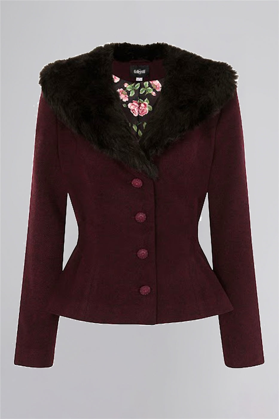 Molly burgundy fitted vintage style jacket with pink rose print lining on a plain grey background