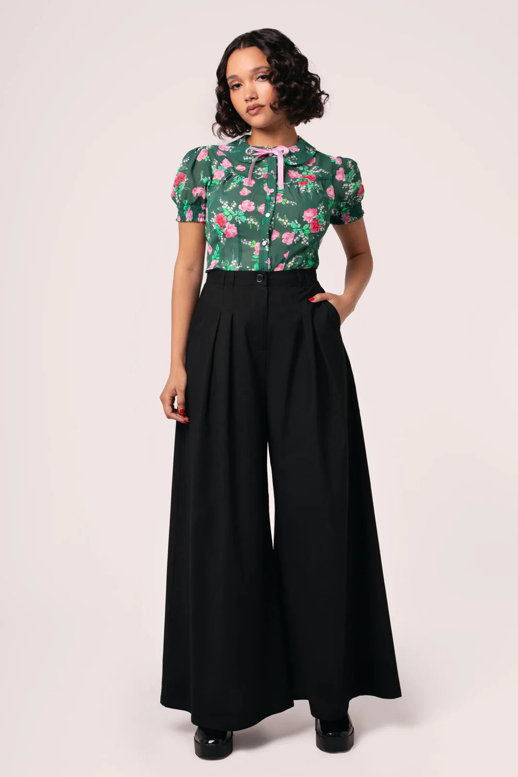Simone Black Super Wide Swing Trousers by Hell Bunny – Lemonie