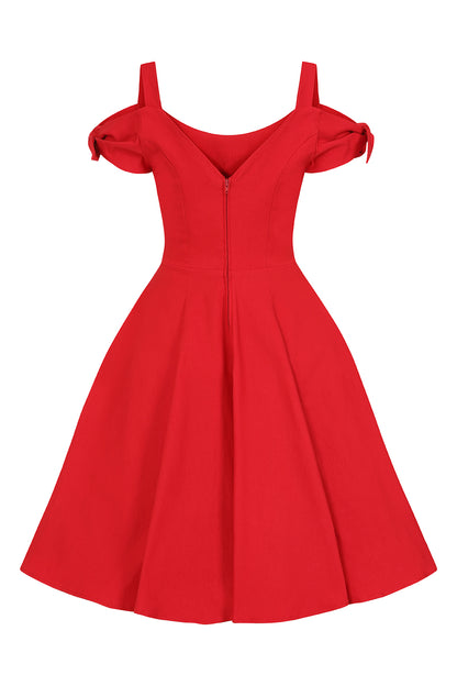 The back of the Nancy Red Dress by Hell Bunny showing the V at the back neckline and zip