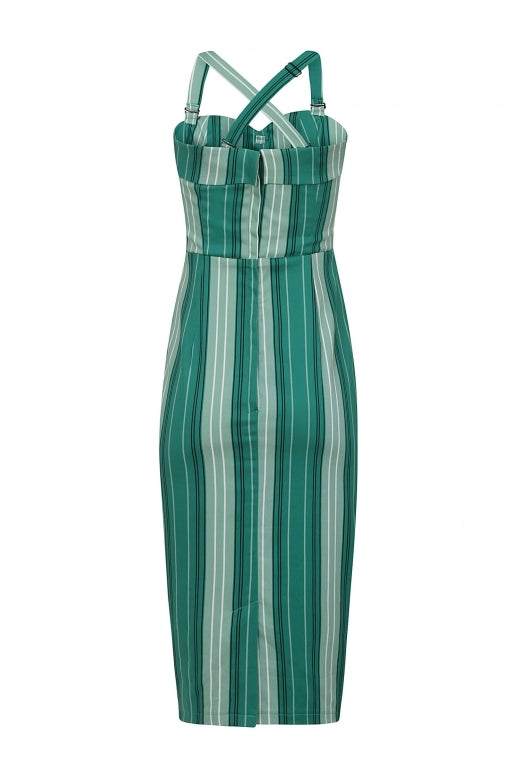 the back of the Kiana Pencil Dress by Collectif. The straps crossover at the back, there is a zip at the back centre and a small vent cut into the bottom.