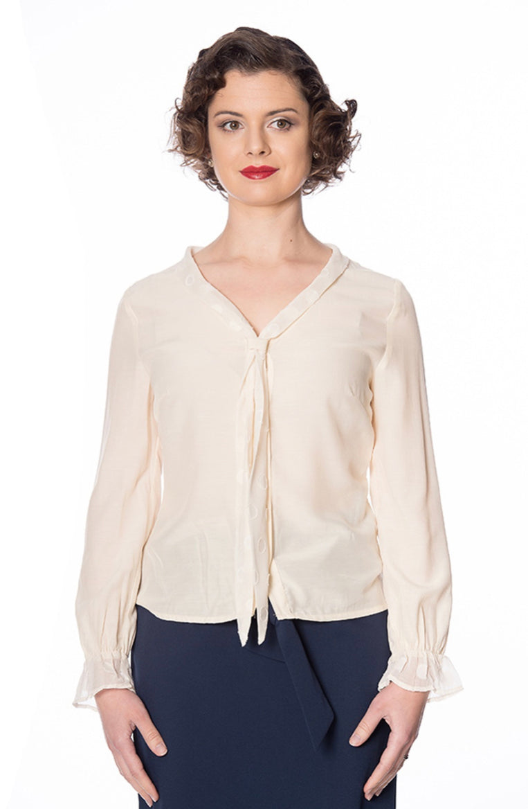 Betty Ruffle 1950-tals vintage Bell Sleeve-blus från Banned