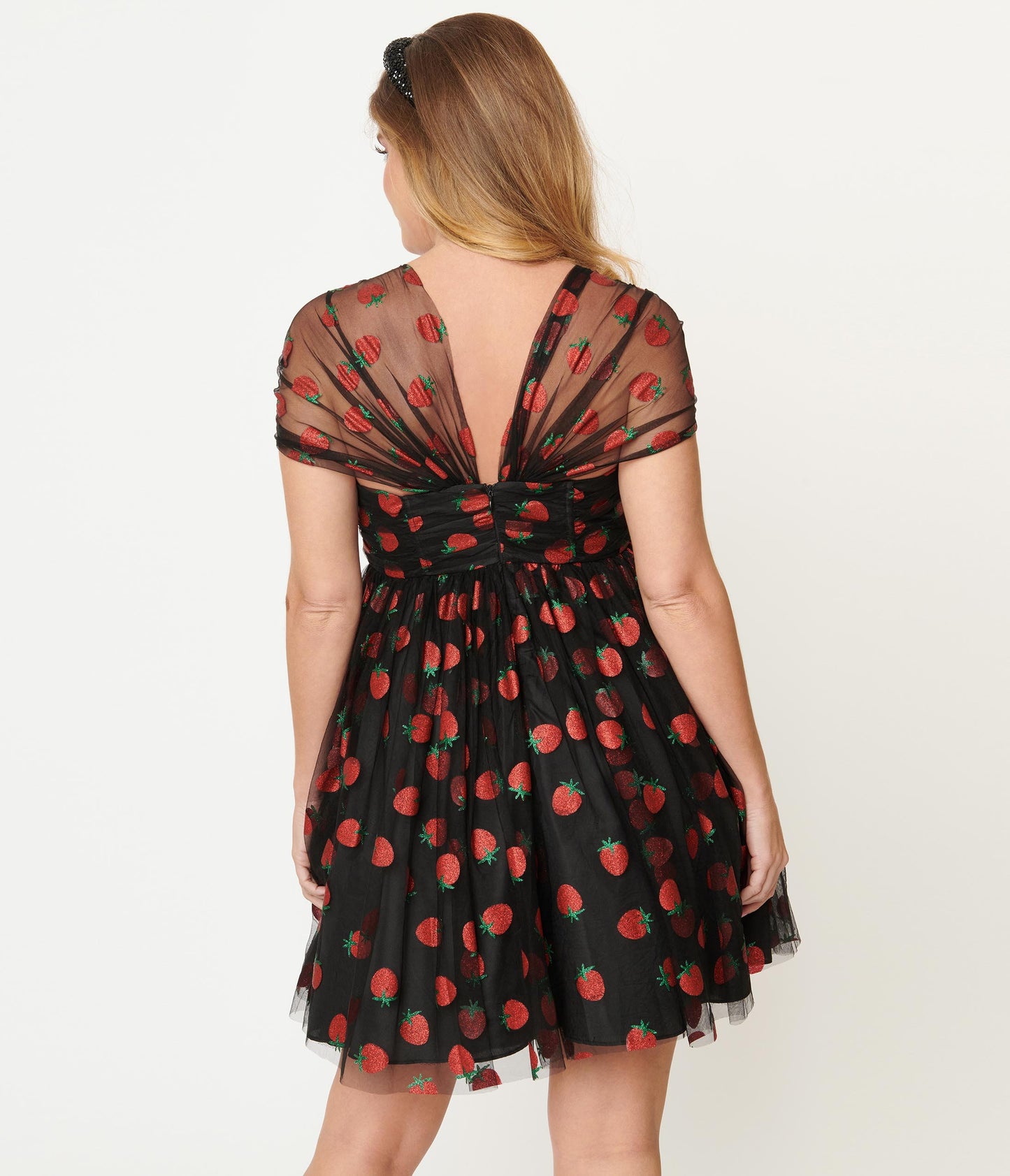 Heart & Soul Black Glitter Strawberry Print Babydoll Dress från Unique Vintage