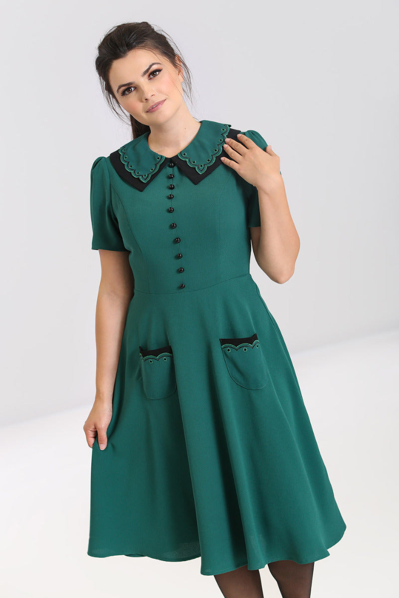 hell bunny green dress Hell Bunny Emerald & Pink Floral Swing Dress