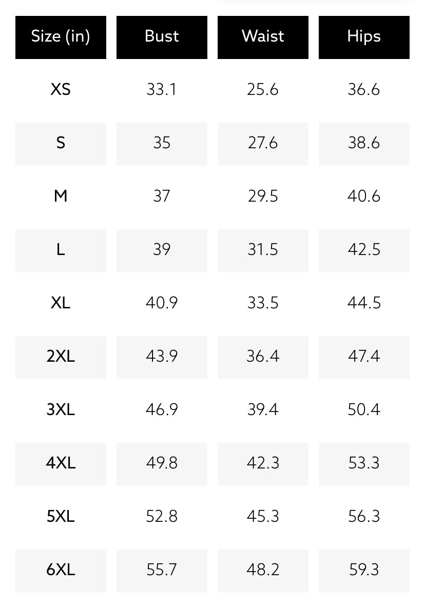 The size chart for the Alba dress
