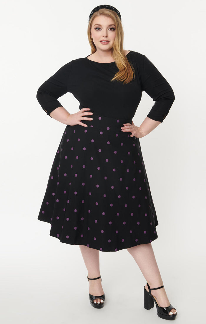 Vivien Black & Purple Polka Dot Swing Kjol