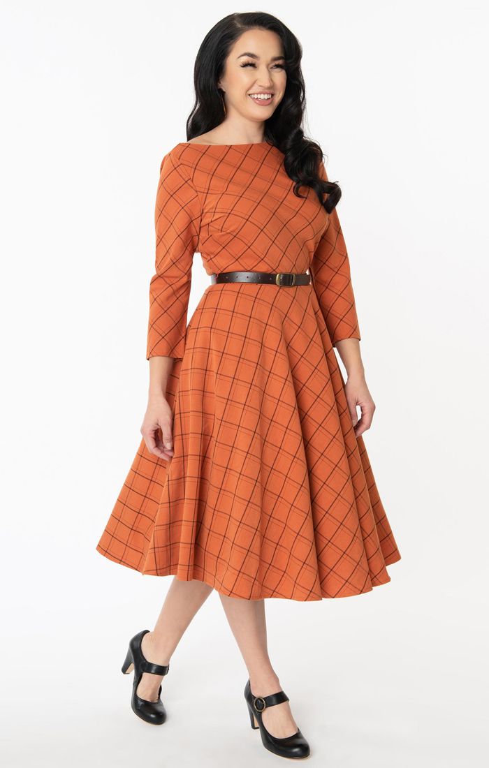 Unique Vintage Devon Orange & Brown Plaid Swing Dress Lemonie Boutique Unique Vintage Devon Orange & Brown Plaid Swing Dress Lemonie Boutique