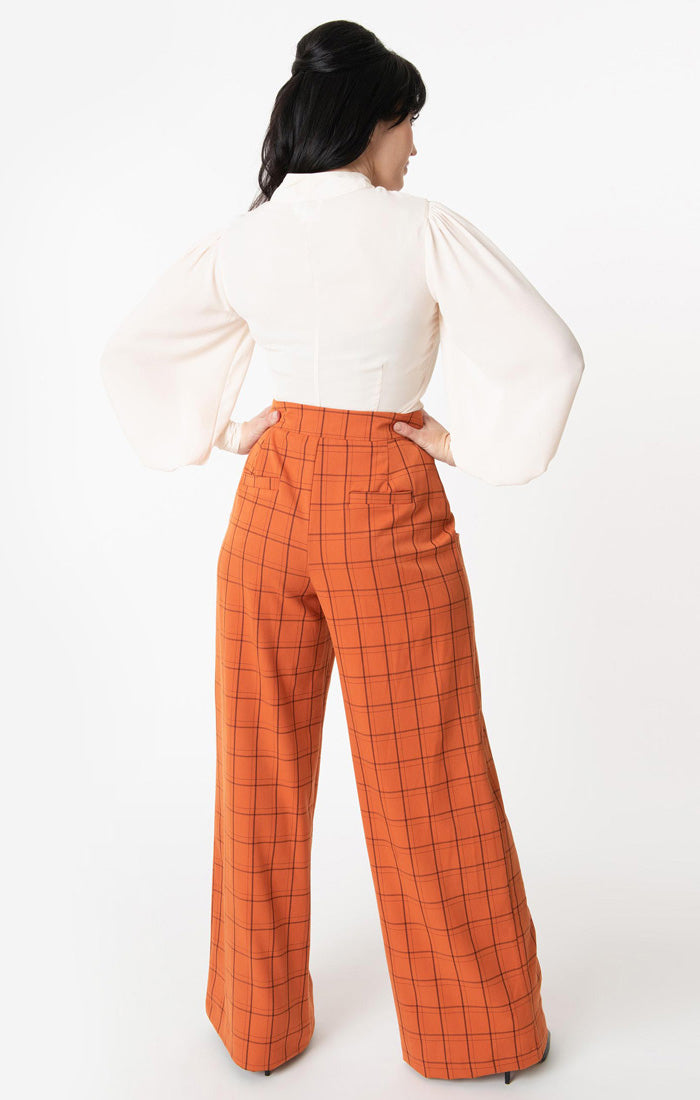 Ginger Orange Windowpane High Waist Trousers by Unique Vintage