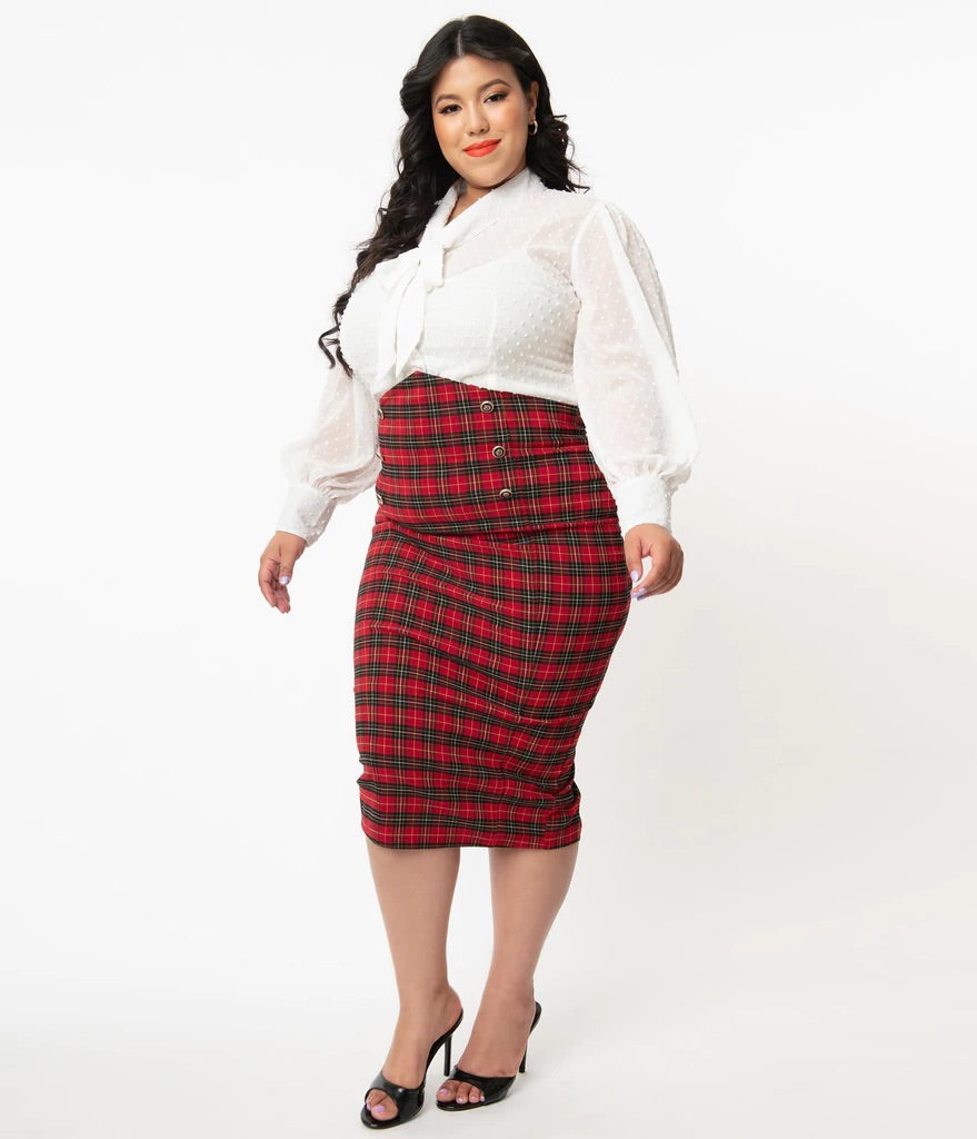 Red and Black Plaid Sailor Sierra Pencil Skirt by Unique Vintage