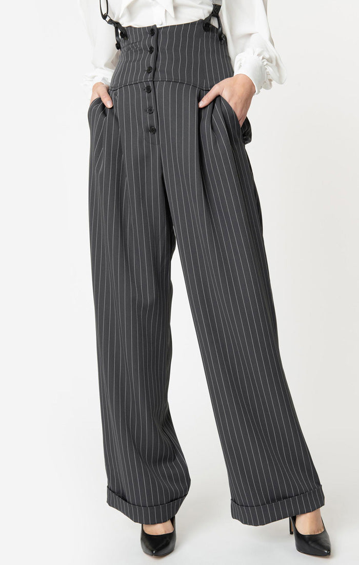Unique Vintage Charcoal Grey Thelma Suspender Pants