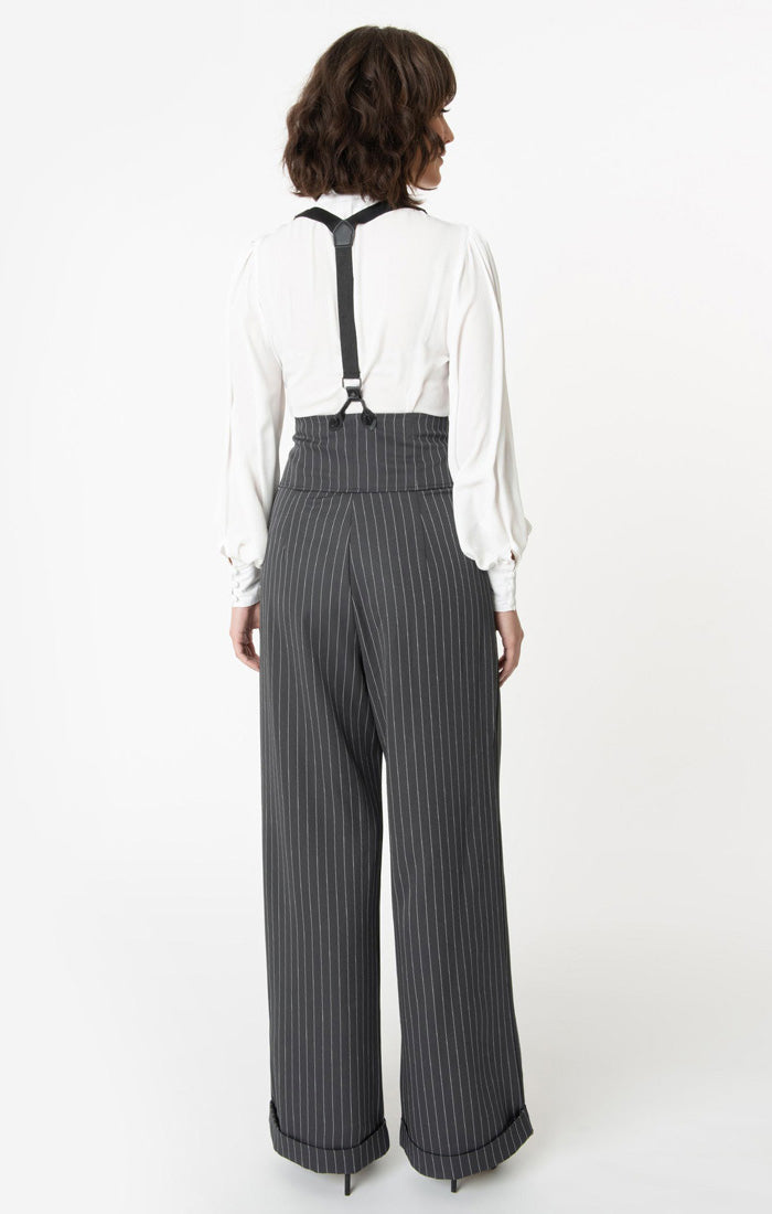 Thelma Suspender Trousers in Grey Pinstripe by Unique Vintage