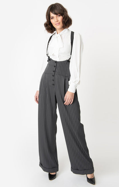 Thelma Suspender Trousers in Grey Pinstripe by Unique Vintage