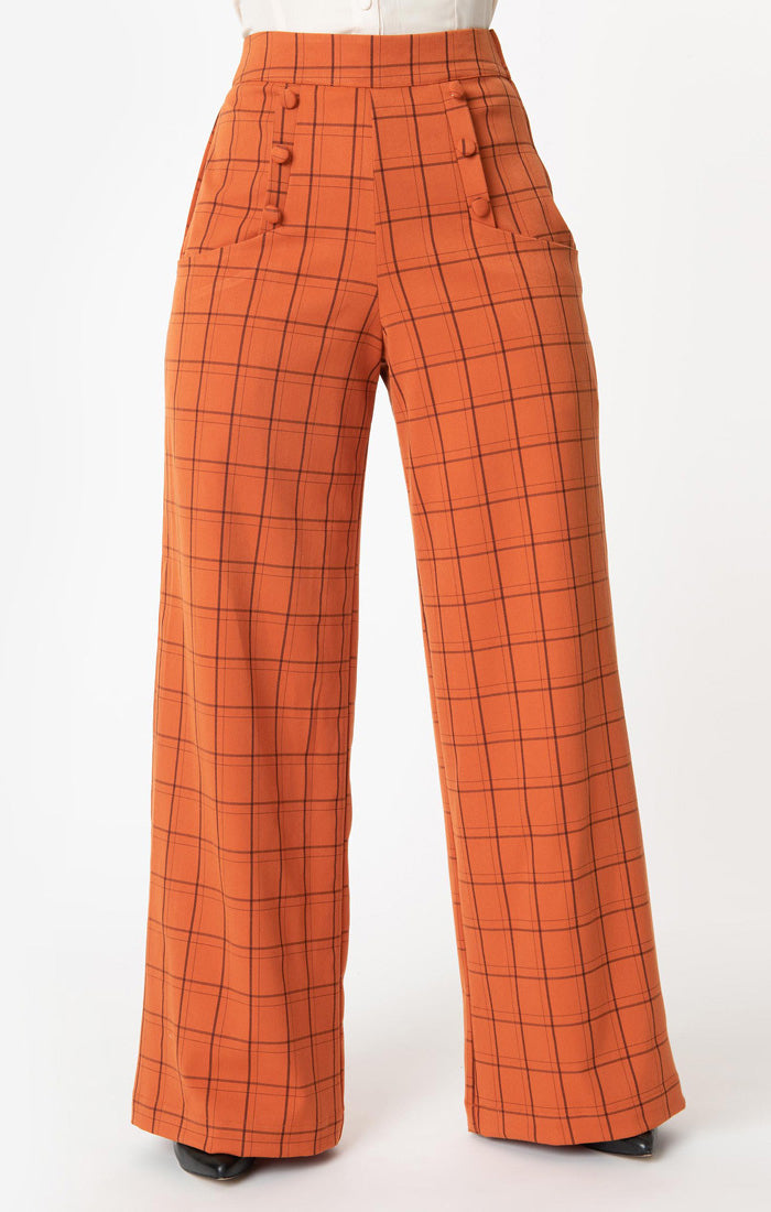 Orange Windowpane High Waist Ginger Trousers by Unique Vintage