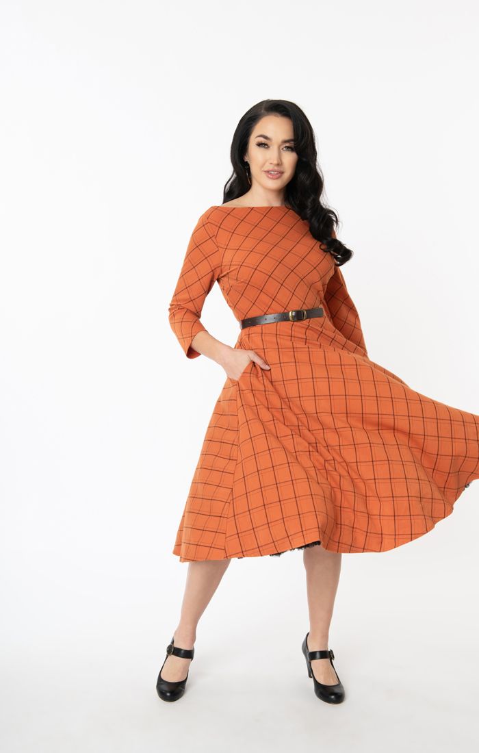 Devon Orange & Brown Plaid Swing Dress