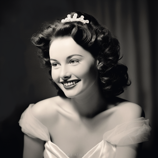 Black and white vintage girl in 1940s bridal dress with 40s makeup and hairstyle