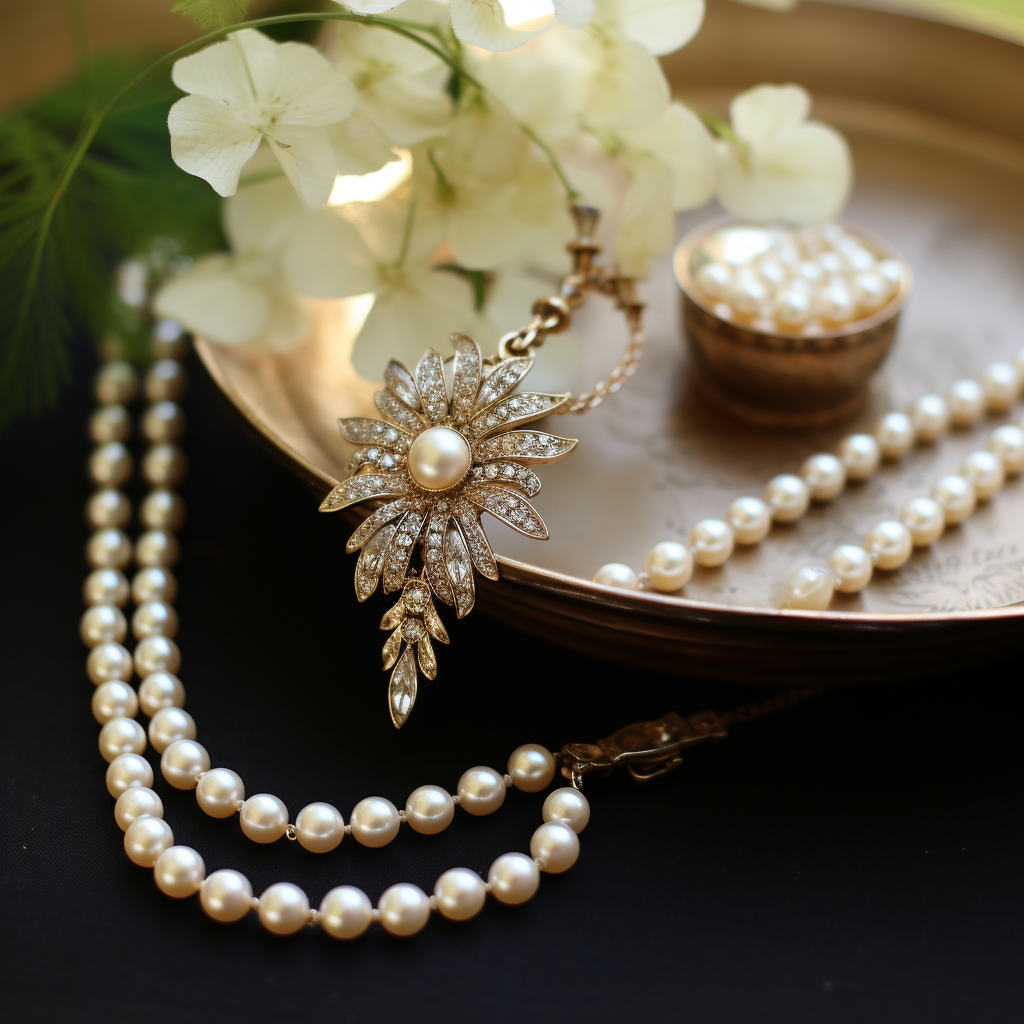 vintage pearl double strand necklace with a matching brooch on a ladies dressing table