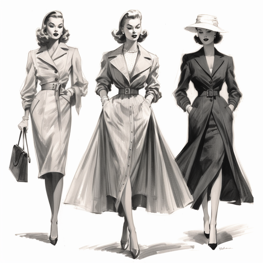 A black and white charcoal sketch of three 50s women
