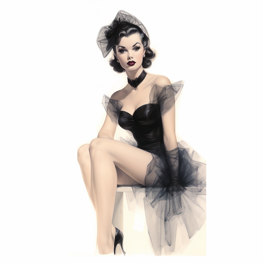 Vintage vogue model in alluring black corset sitting