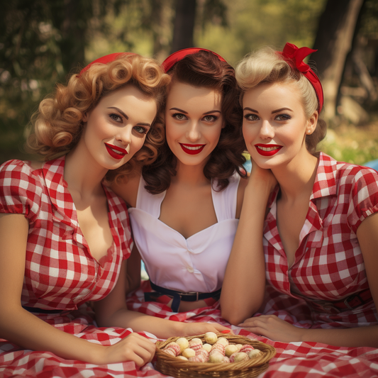 three vintage looking young women enjoying a picnic wearing red and white gingham dresses and red headbands sat on a red and white picnic blanket