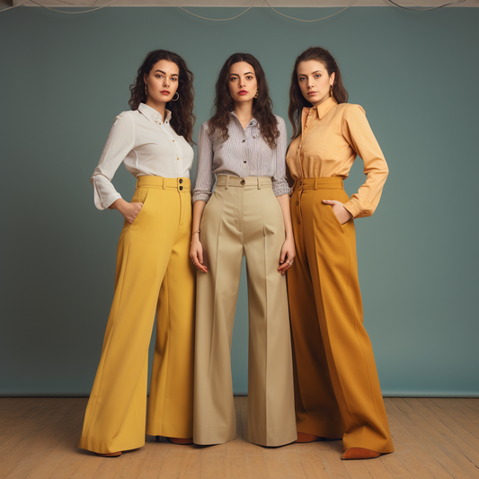 Three long haired women stand side by side wearing shirts and high waist vintage trousers