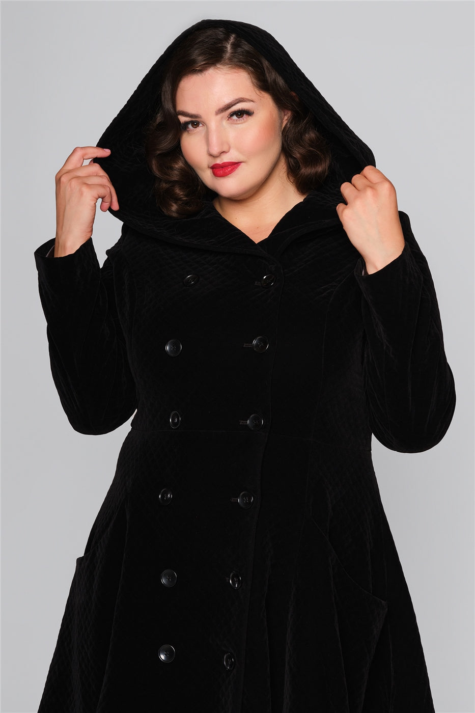 Heather Black Quilted Velvet Hooded Coat By Collectif