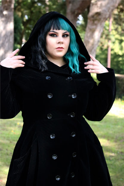 Heather Black Quilted Velvet Hooded Coat By Collectif