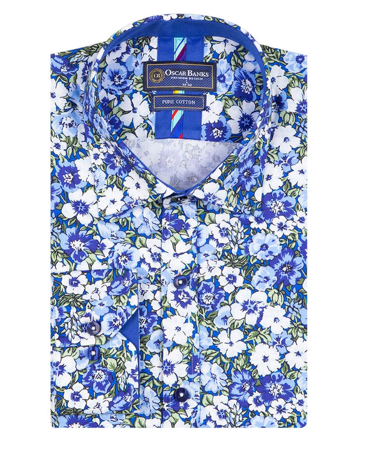 Blue Poppy Print Men's Shirt with Matching Handkerchief by Oscar Banks