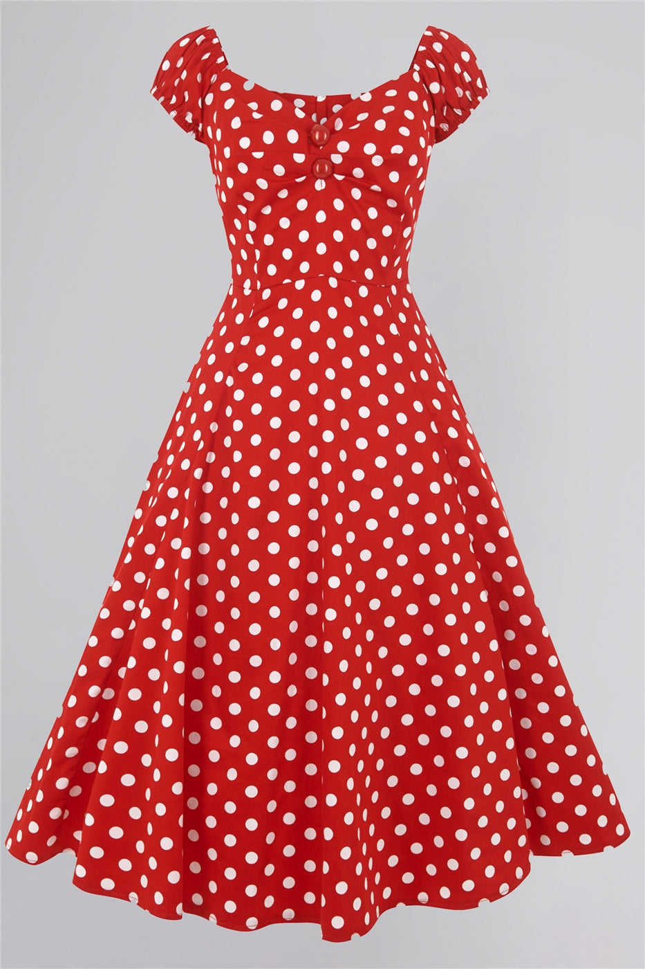 red off the shoulder dress with white polka dot print all over  