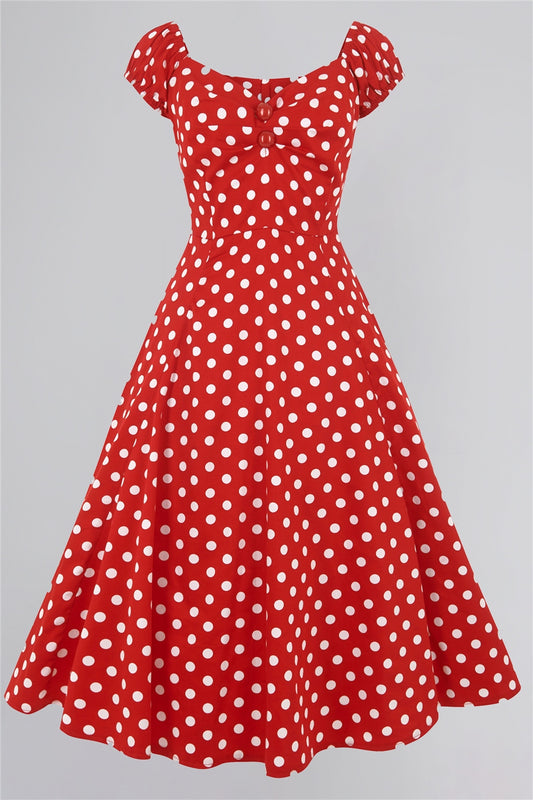 red off the shoulder dress with white polka dot print all over  