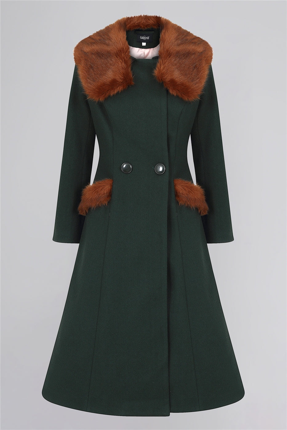 dark green 40s style women's coat with brown faux fur trim pockets and collar and two front buttons
