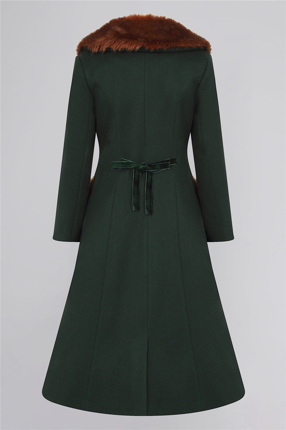 The back of the green Annasofia coat y Collectif on a plain background. Tie ribbon at the back 