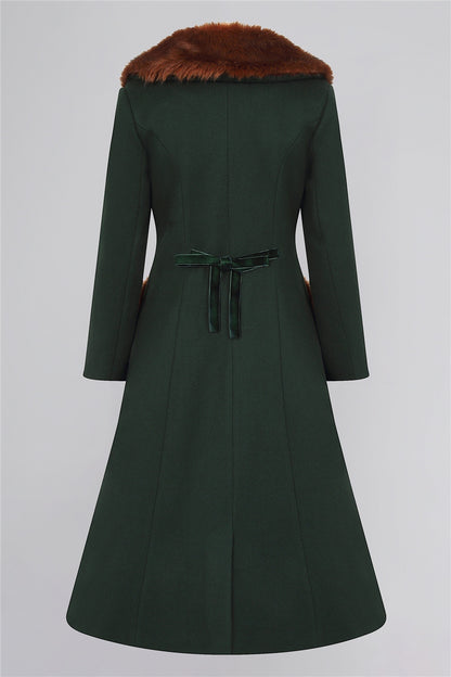 The back of the green Annasofia coat y Collectif on a plain background. Tie ribbon at the back 
