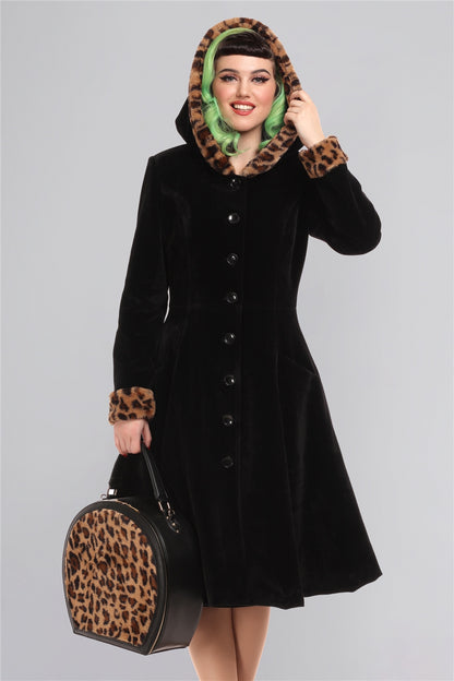 Hazel Black/Leopard Velvet Swing Coat by Collectif