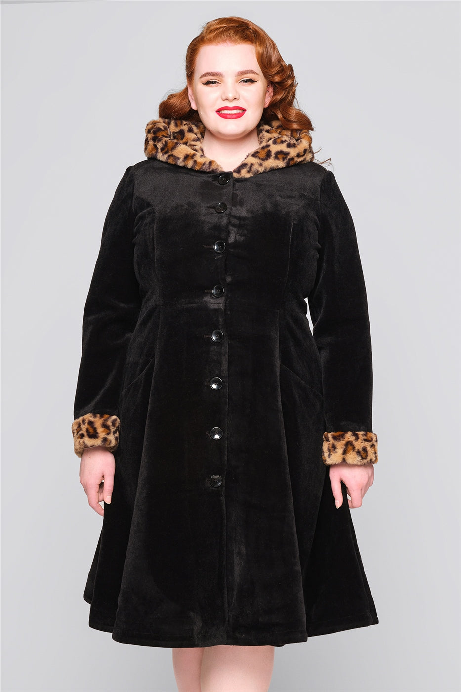Hazel Black/Leopard Velvet Swing Coat by Collectif