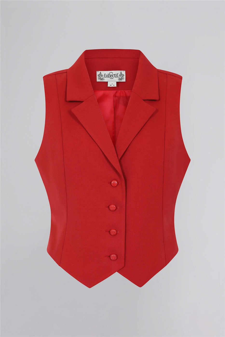 Red sleeveless waistcoat with 5 red buttons at the front 