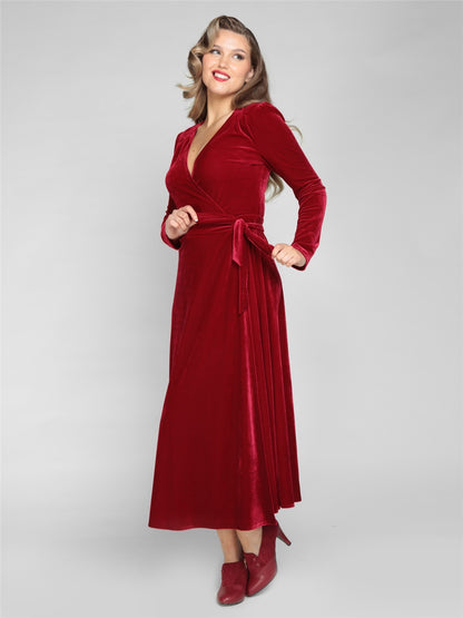 Kendra Burgundy Velvet Wrap Dress by Collectif