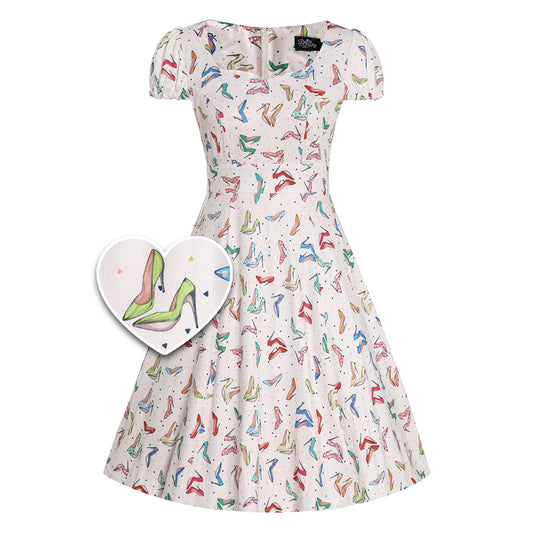 Claudia Cream Stiletto Print Swing Dress by Dolly & Dotty