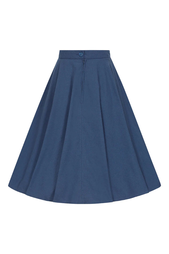 The back of the Abi swing skirt showing the button and zip closure back against a white background