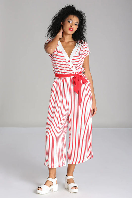 Ahoy Red/White Stripe Jumpsuit by Hell Bunny