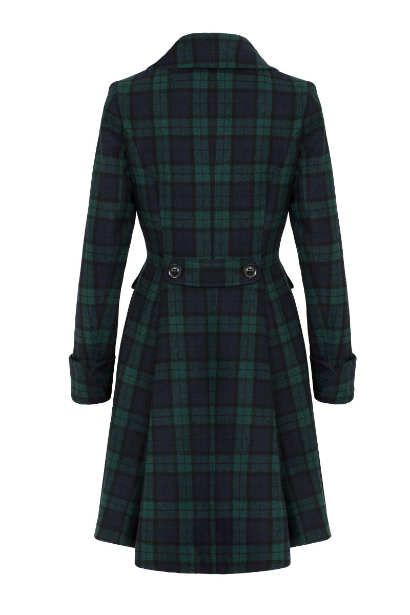 The back of the Alessandra tartan coat in navy and green showing the shaping and buttons at the back of the coat