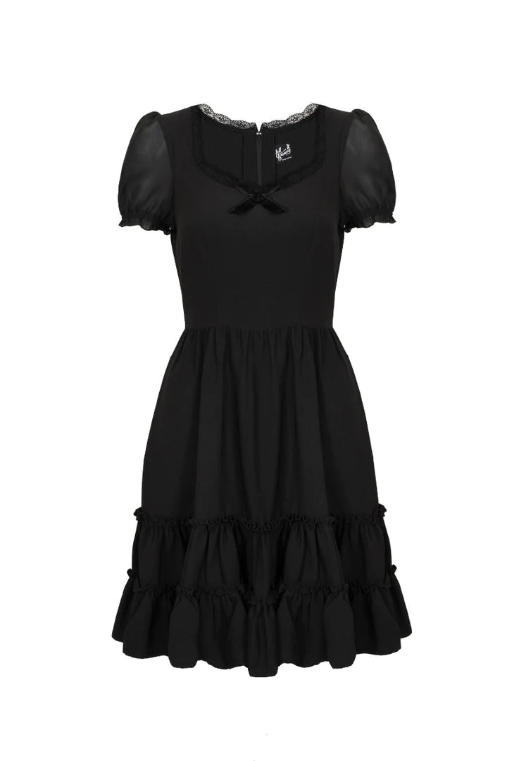 Black dress on a white background showing shape, textures  and label