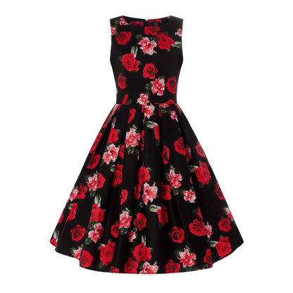 The Annie Red Roses dress by Dolly and Dotty on a plain white background