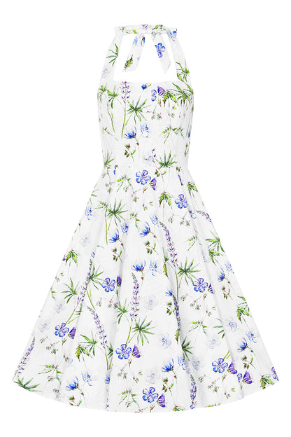 White halter neck Bella Swing Dress with purple flowers and green leaf print