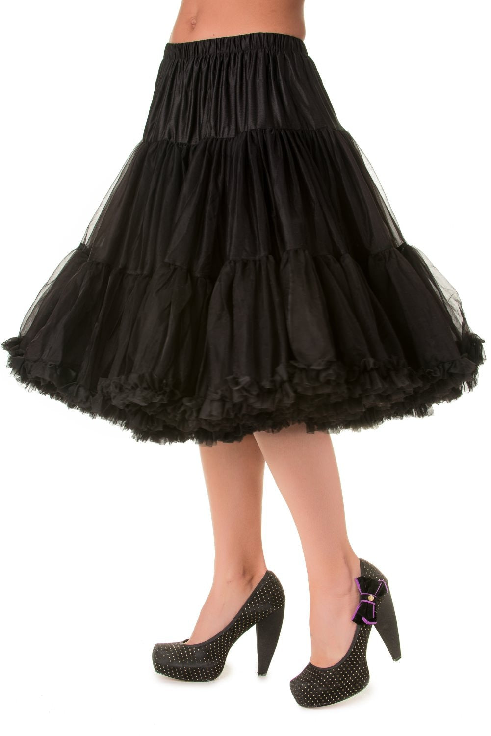 Model with mini polka dot high heels wearing the Lifeforms Black Petticoat by Banned