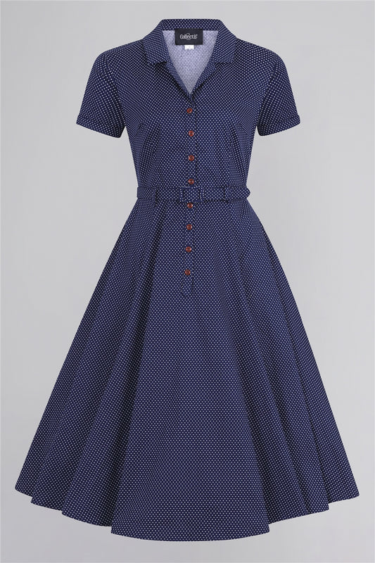 Caterina Mini Polka Navy Swing Dress by Collectif