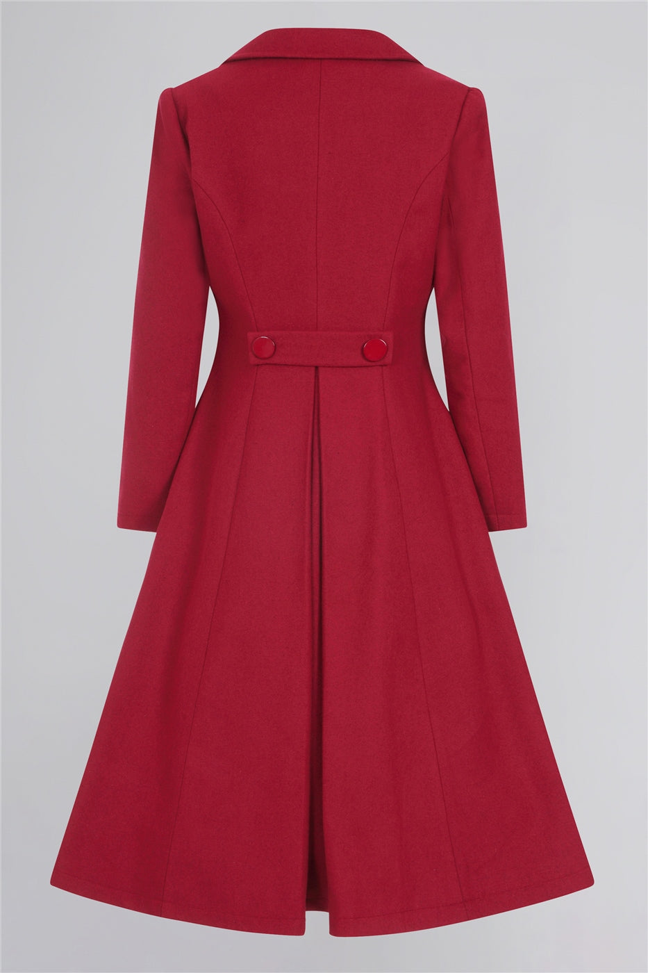 Burgundy 40s style coat from the back featuring two buttons and a pleat in the skirt