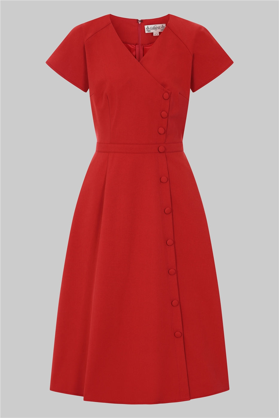 Red short sleeve fit and flare 50s dress with buttons down the right side